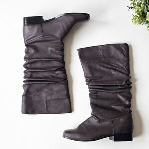 Classique Plum Brown Leather Slouch Boots 8M Mid Calf Square Toe Low Heel Y2K